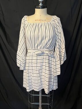 Striped Square Neck Belted Mini Dress - White with Black Stripes